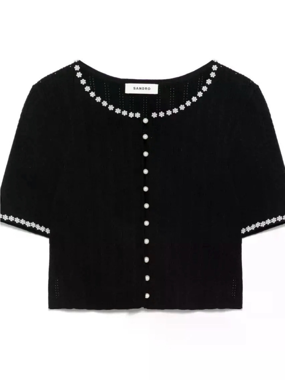 NWT Sandro Black Short-Sleeve Cropped Cardigan with pearl size 1